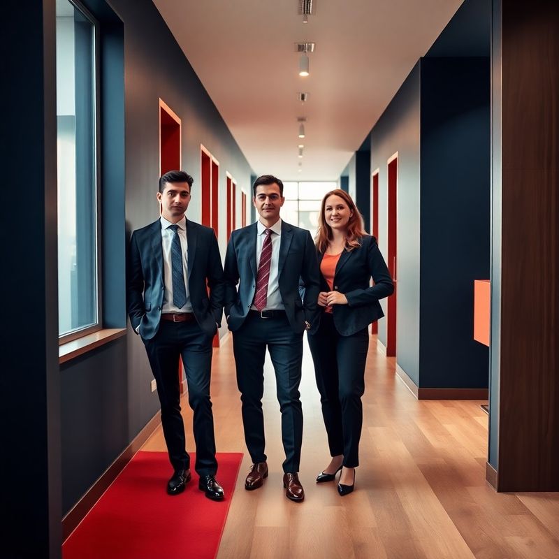 Trei consultanți Modern Grup în coridorul biroului din Timișoara
